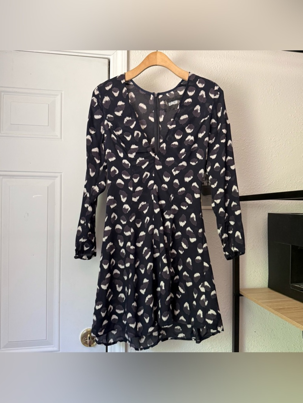 REFORMATION navy viscose leopard print v-neck long sleeve mini dress